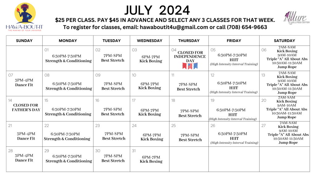 JULY 2024 - FITNESS SCHEDULE
